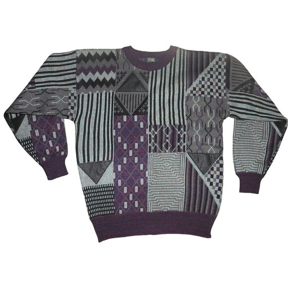 Vintage Stefano Man Crew Sweater Leather Patches Geometric Funky Pop Large 80’s - Picture 1 of 5